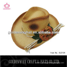 Chapéu de cowboy de crochet de palha de mulher com flor